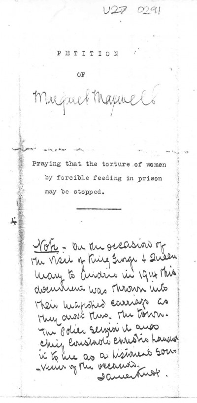 Margaret Maxwell's petition: praying that the torture of women by forcible feeding in prison may be stopped image