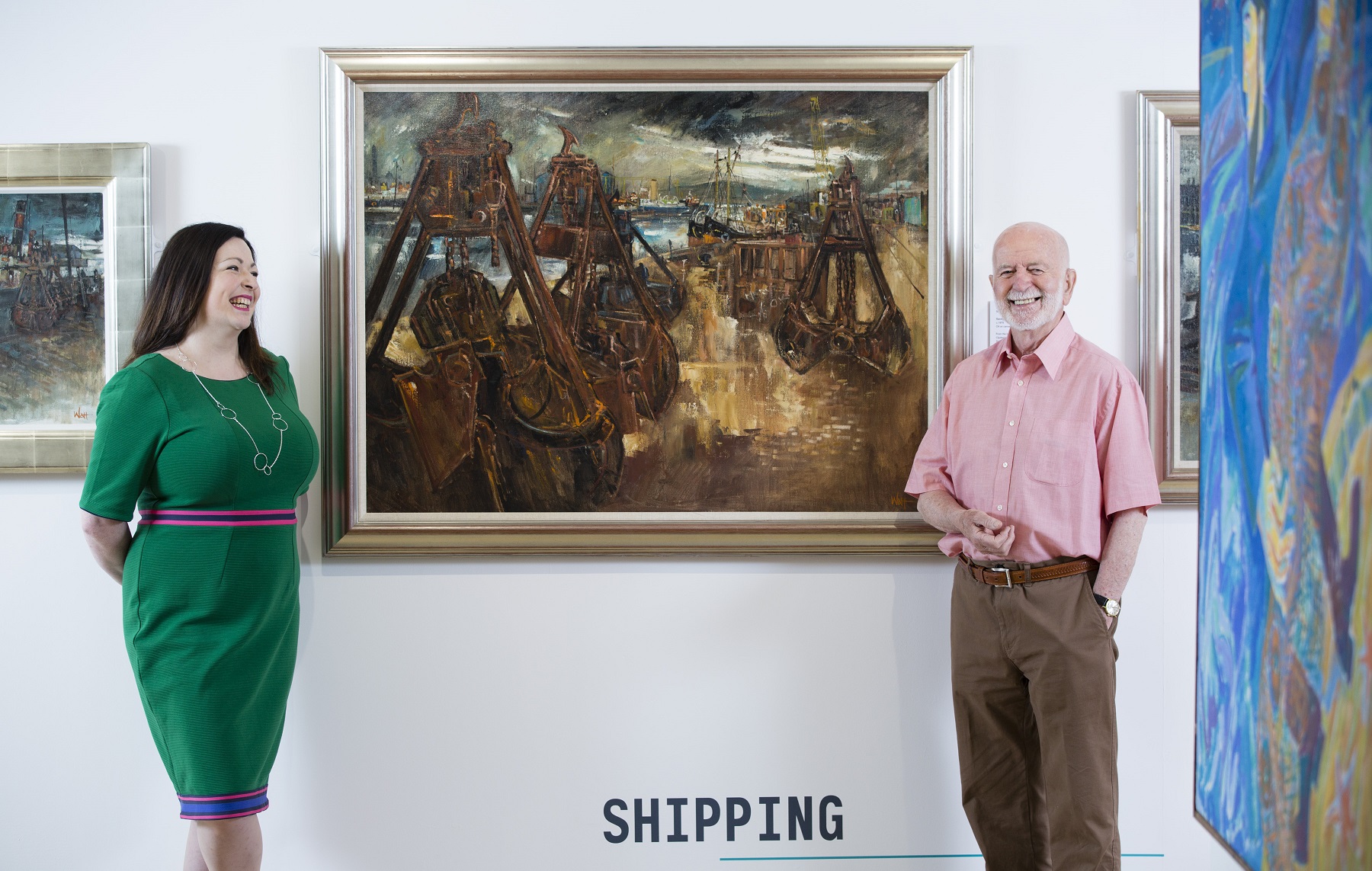 Curator Fiona Greer with artist James Watt at Maritime Perspectives exhibition.