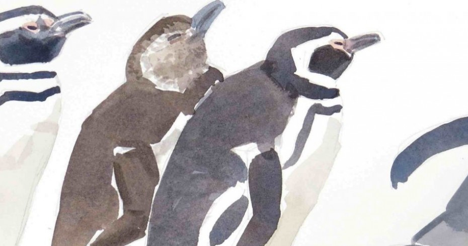 painting of four penguins