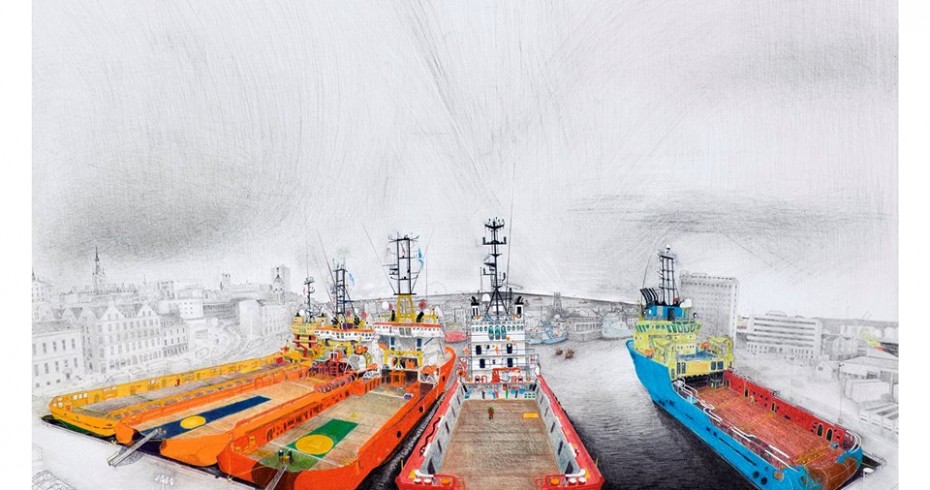 painting of five large ships in port. ships are in colour, port in b/w