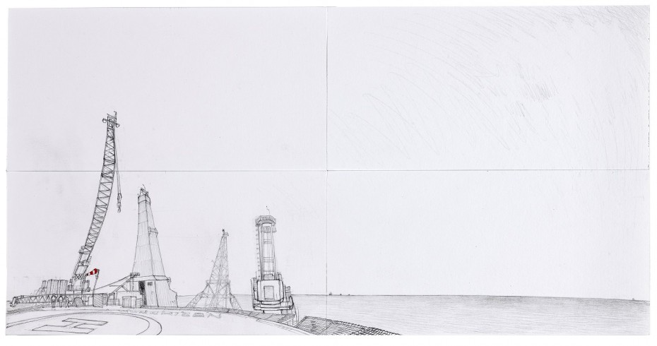 page from a sketchbook, depicting cranes and other machinery