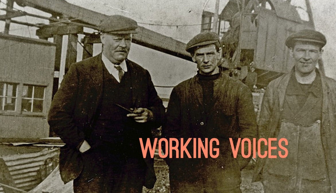 photograph of three men with industrial site in background photograph of three men with industrial site in background