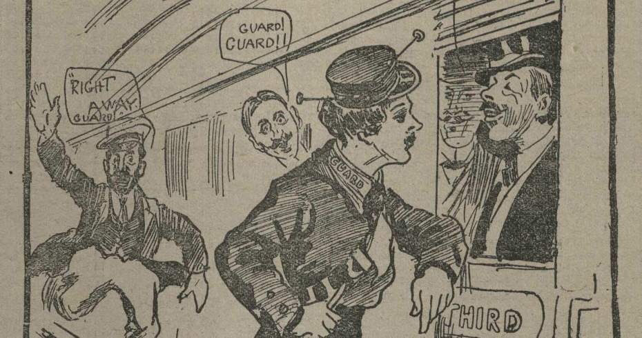 contemporary cartoon depicting female guard conversing with male passengers. contemporary cartoon depicting female guard conversing with male passengers.