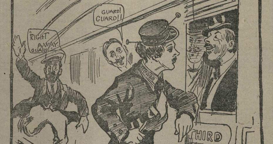 contemporary cartoon depicting female guard  conversing with male passengers.