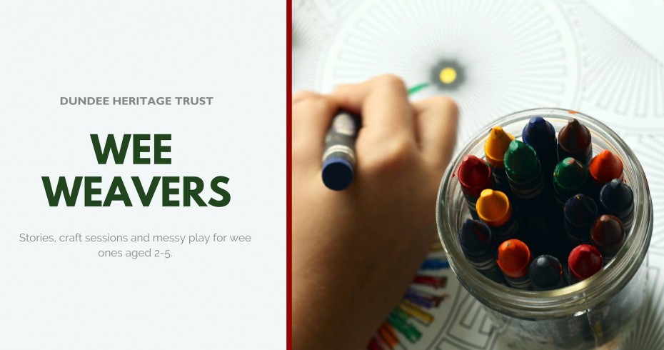 wee weavers in text next to image of child's hand holding crayon and a jar of crayons