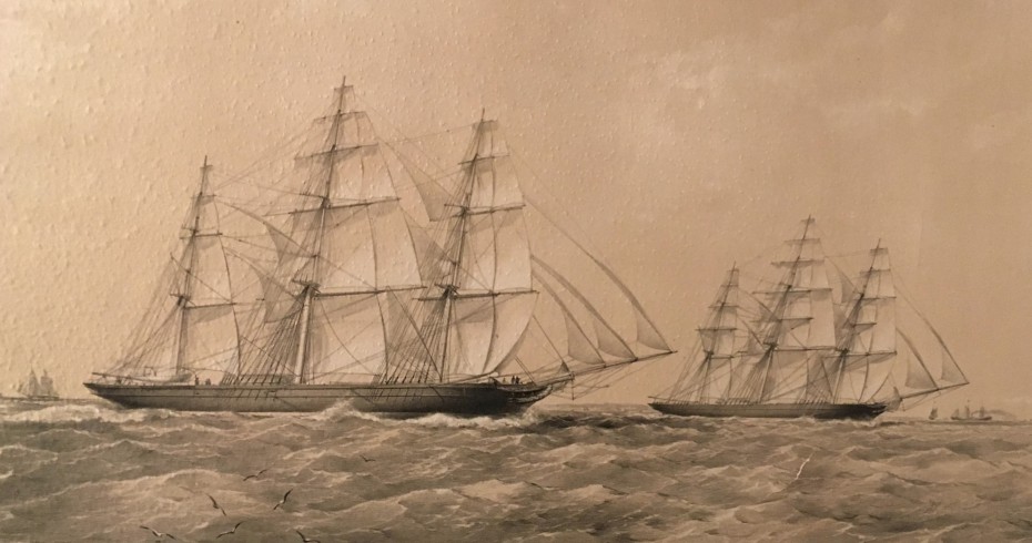 image of painting of a tea clipper at sea with other clippers in the background