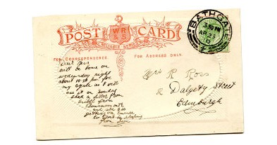 old postcard, reverse, with writing on lefthandside and address on right