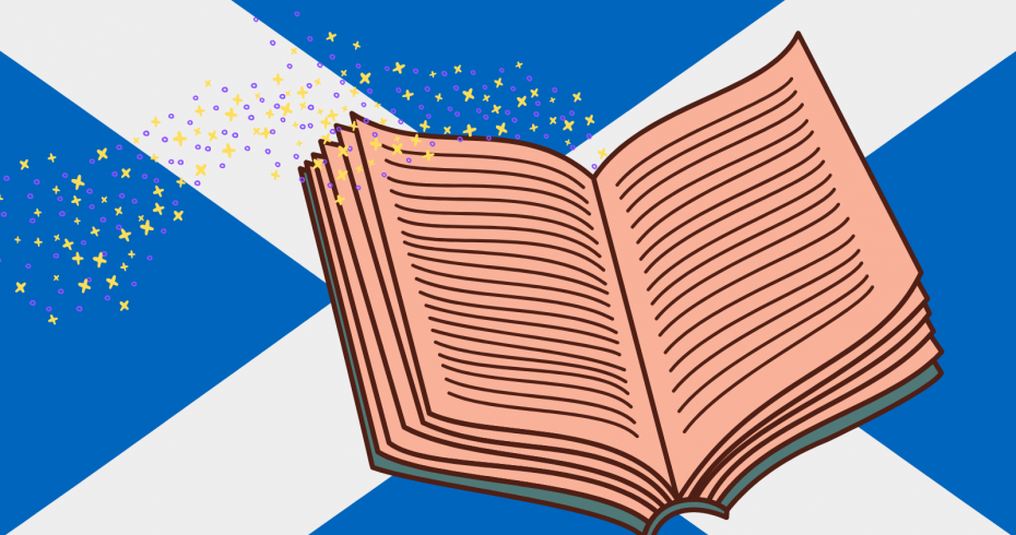 graphic of saltire with book in foreground