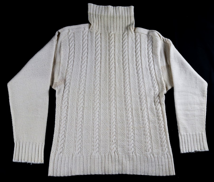 Knitted in 1940 by Robina Jack for her son, for when he left Cellardyke to serve in the Royal Navy at the outbreak of the Second World War