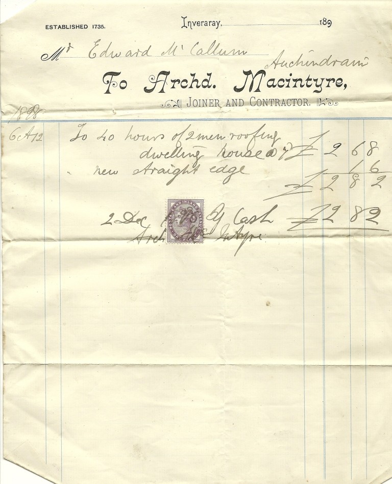 Invoice dated to 1898 from Archd Macintyre, joiner and contractor, to Edward McCallum