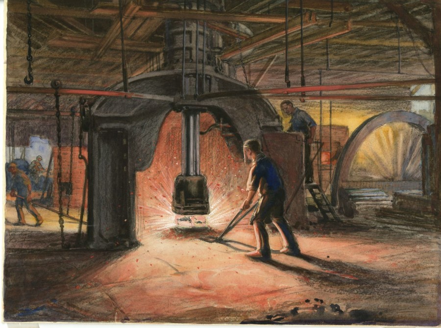 pastel drawing in paper of inside one of Coatbridge's last malleable ironworks