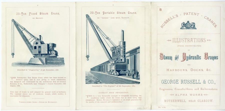 russell patent cranes brochure of steam and hydraulic cranes, front cover and two pages