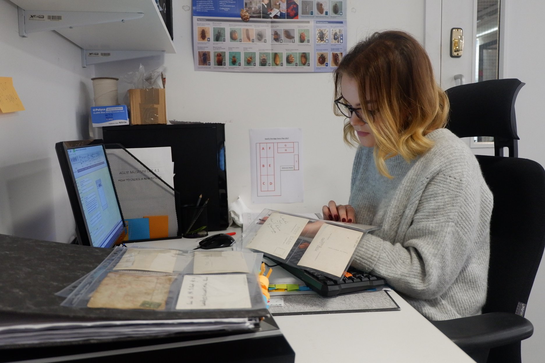 collections volunteer at devils porridge museum at computer holding collections