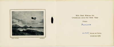 WAAF Christmas Card with image of Forth Bridge obscured by barrage balloon image