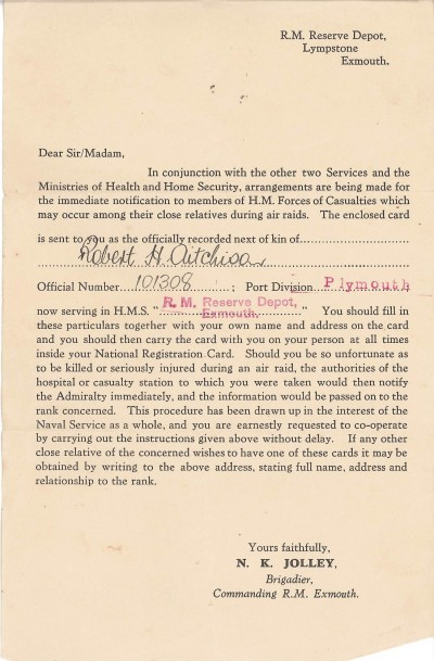 Letter to Robert Aitchison's next of kin to alert him if they are injured in an air raid image