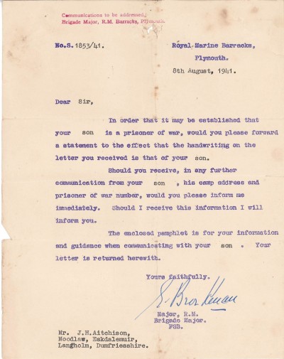 A letter notifying Mr and Mrs Aitchison that their son is a POW image
