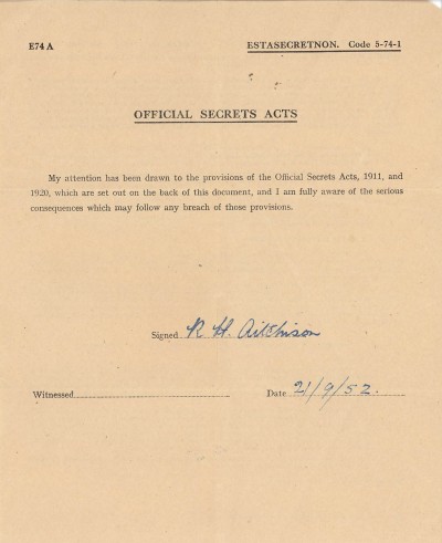 Extracts from the Official Secrets Acts of 1911 and 1920, signed by Robert Aitchison image